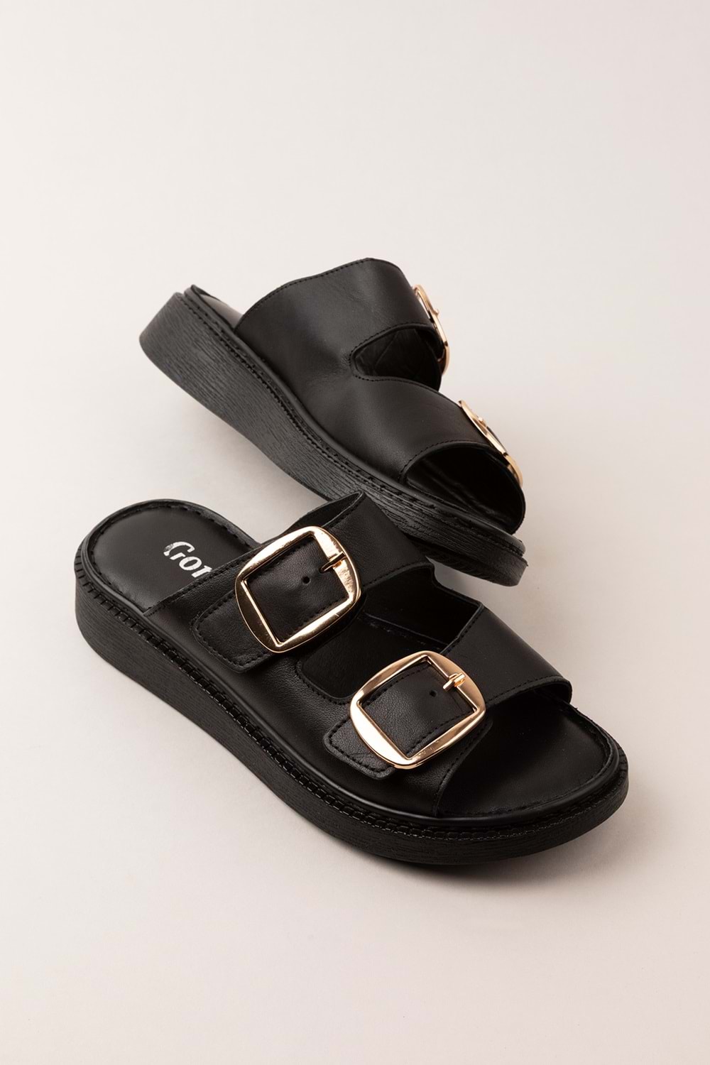 Gondol Kadın Hakiki Deri Çift Tokalı Gizli Cırtlı Günlük Rahat Terlik usl.2475 - Siyah - 37