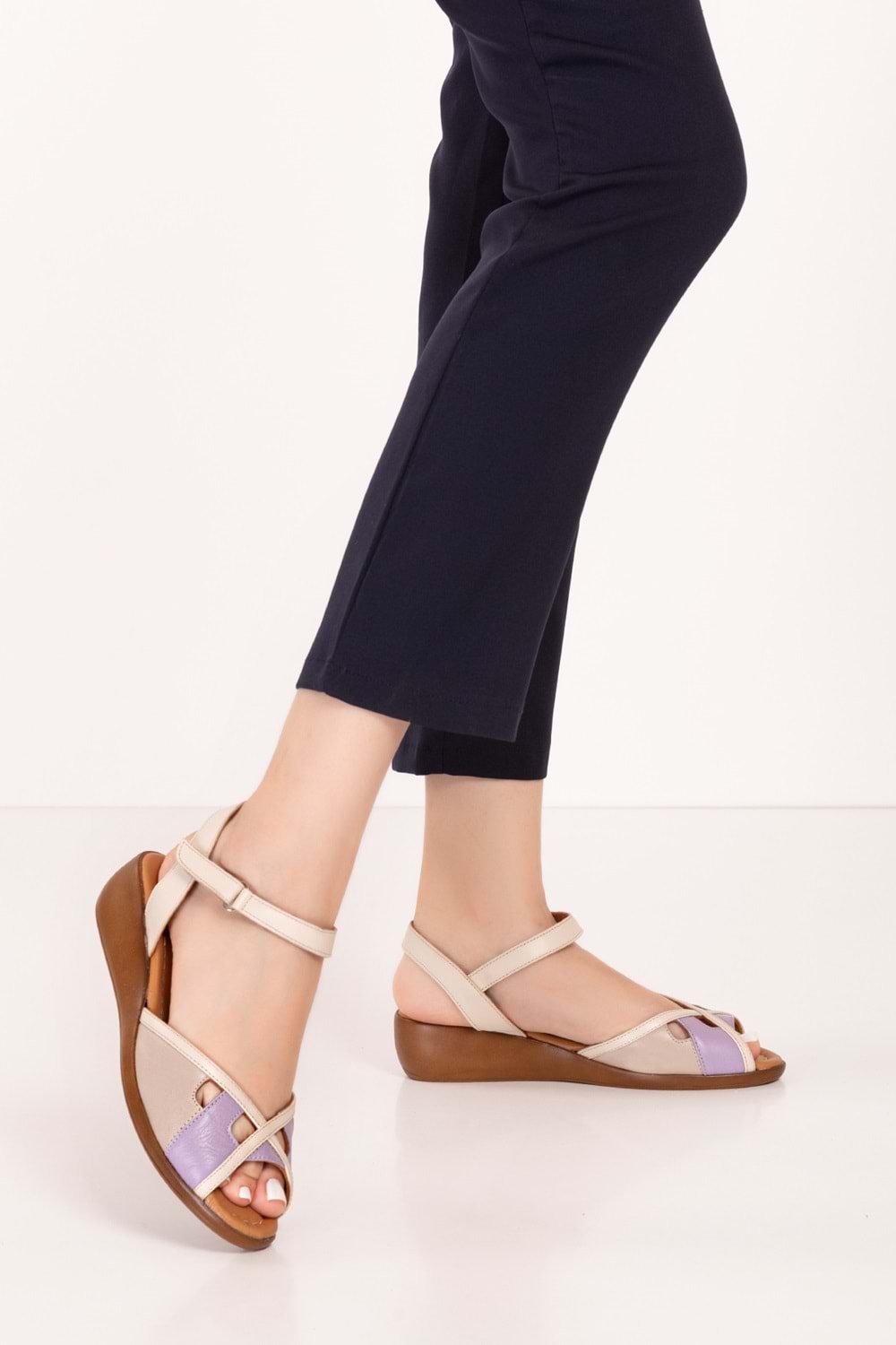 Gondol Hakiki Deri Dolgu Topuklu Rahat Anne Sandalet mlk.5832 - Bej Kombin - 36