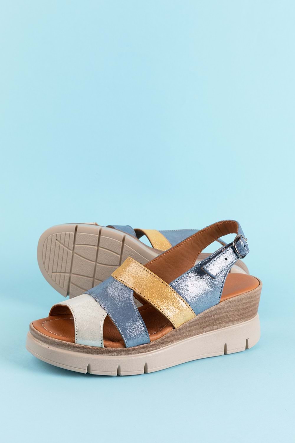 Gondol Hakiki Deri Renkli Kombin Dolgu Topuklu Sandalet mlk.5808 - Mavi Kombin - 36