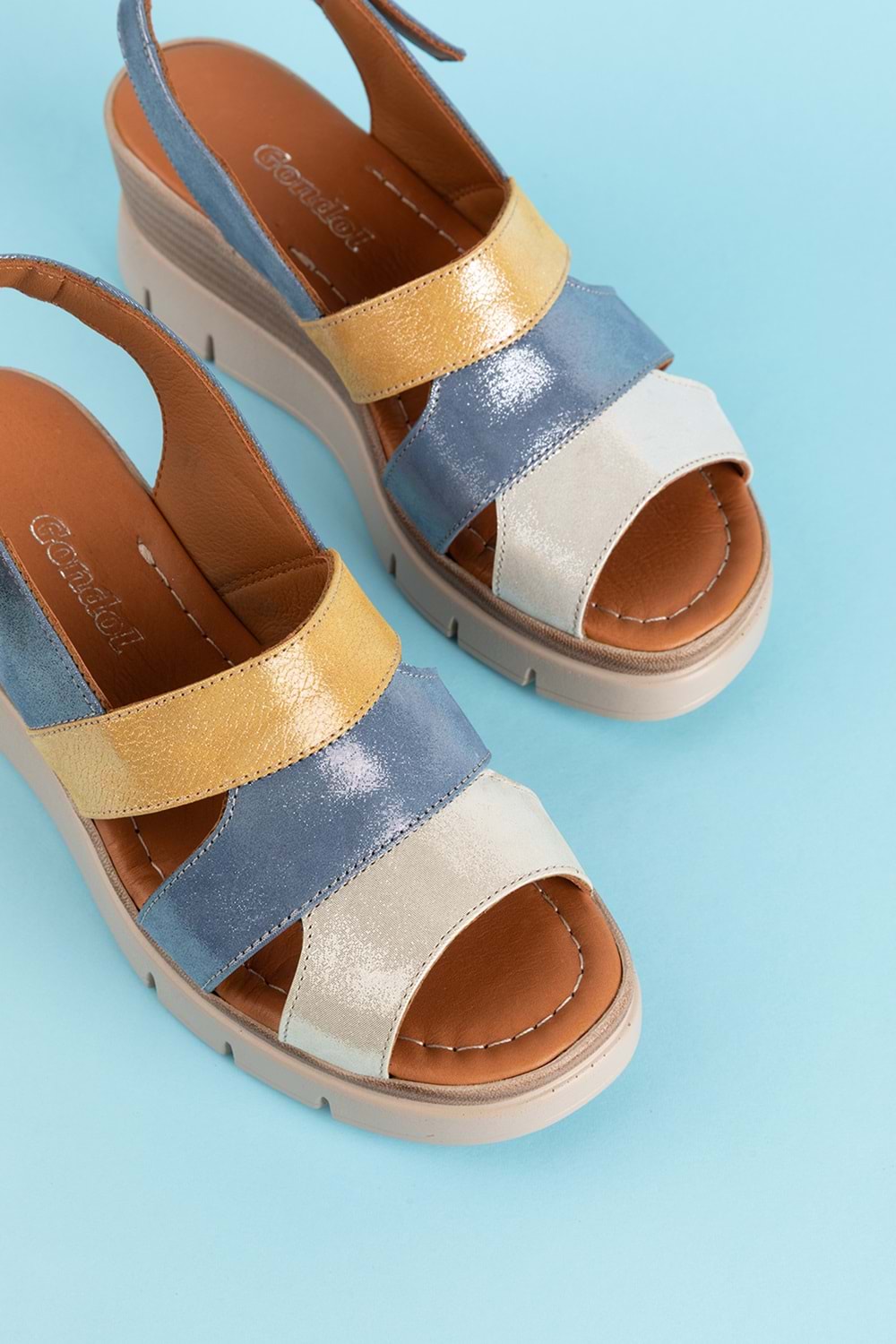 Gondol Hakiki Deri Renkli Kombin Dolgu Topuklu Sandalet mlk.5808 - Mavi Kombin - 36