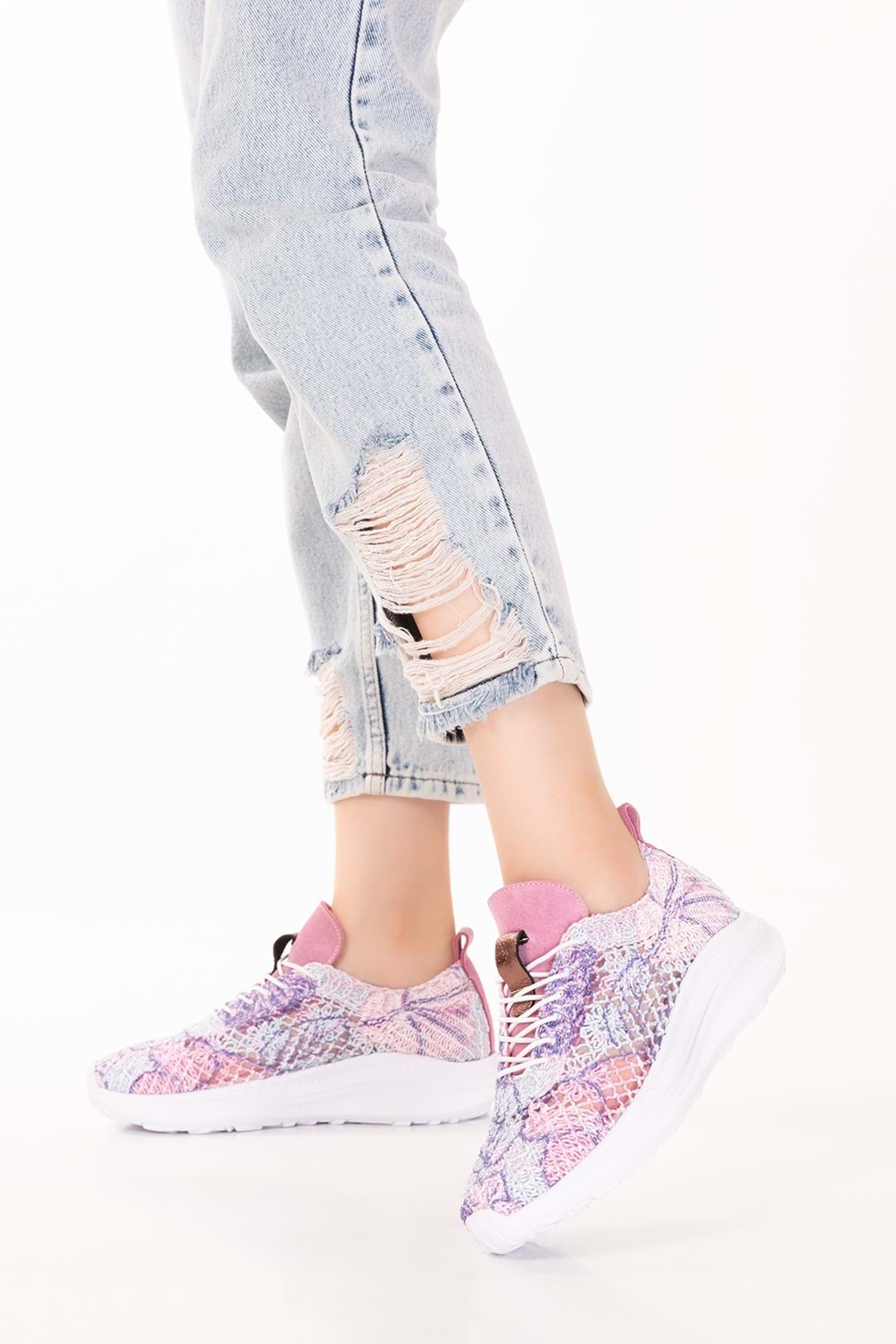 Gondol Kadın İçi Deri Dışı Dantel Hafif Spor Ayakkabı belx.4391 - Pembe Desen - 36