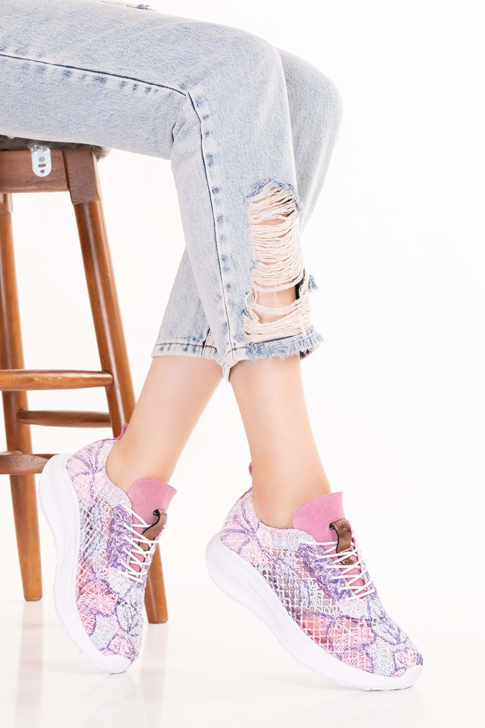 Gondol Kadın İçi Deri Dışı Dantel Hafif Spor Ayakkabı belx.4391 - Pembe Desen - 36