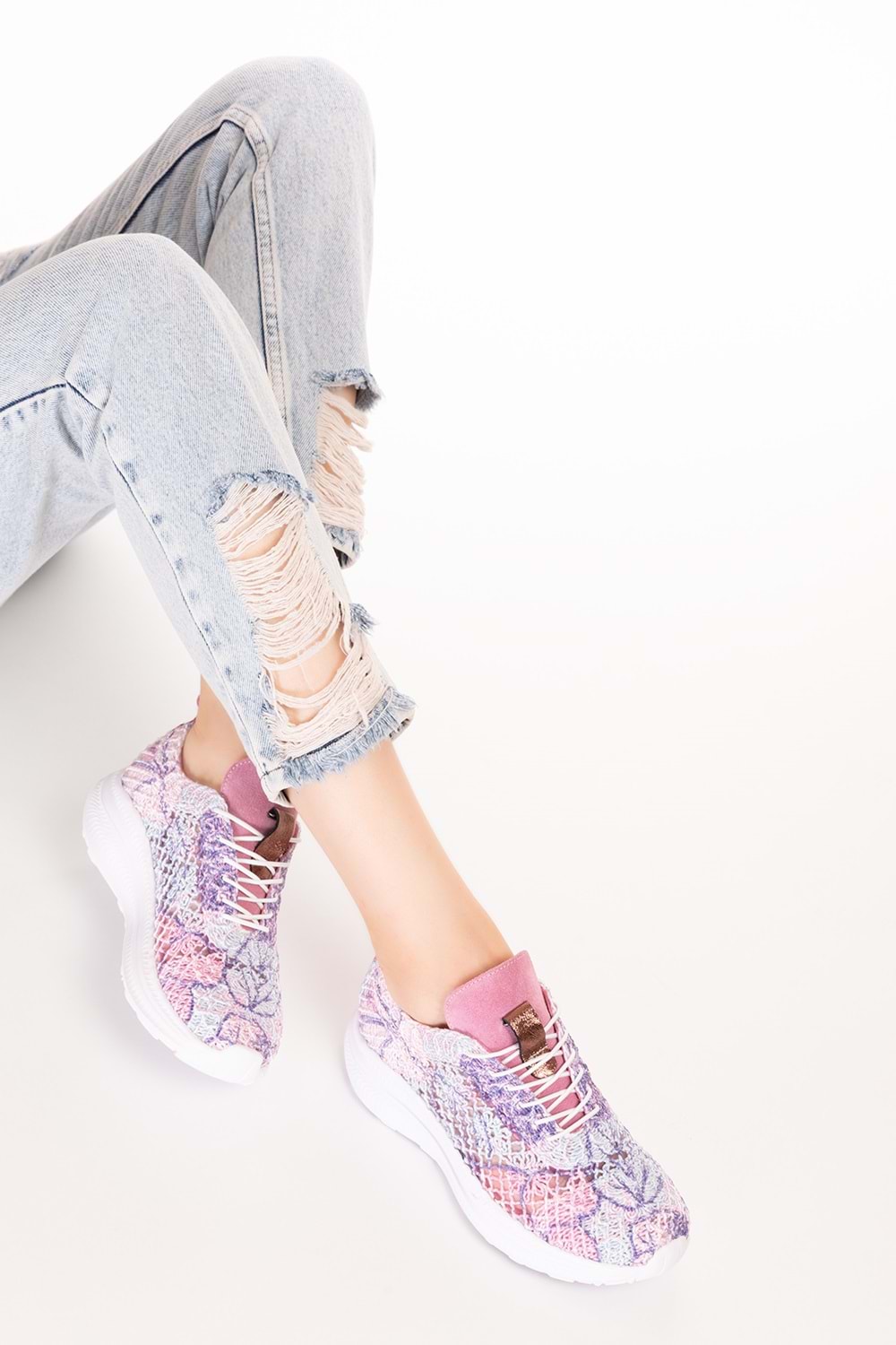 Gondol Kadın İçi Deri Dışı Dantel Hafif Spor Ayakkabı belx.4391 - Pembe Desen - 36