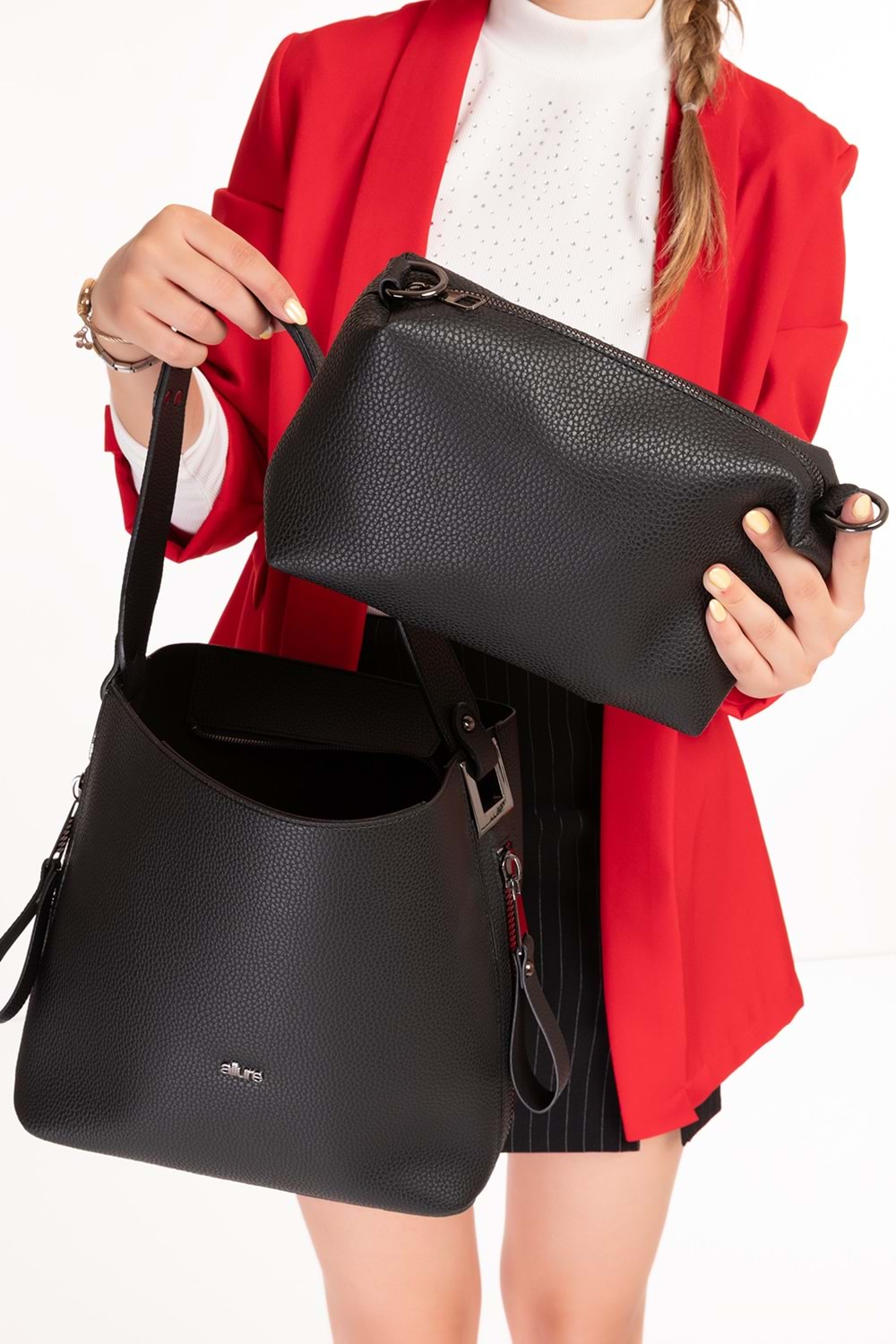 Gondol Kadın Çift Bölmeli El ve Omuz Çantası ald.6752 - Siyah - TEK EBAT