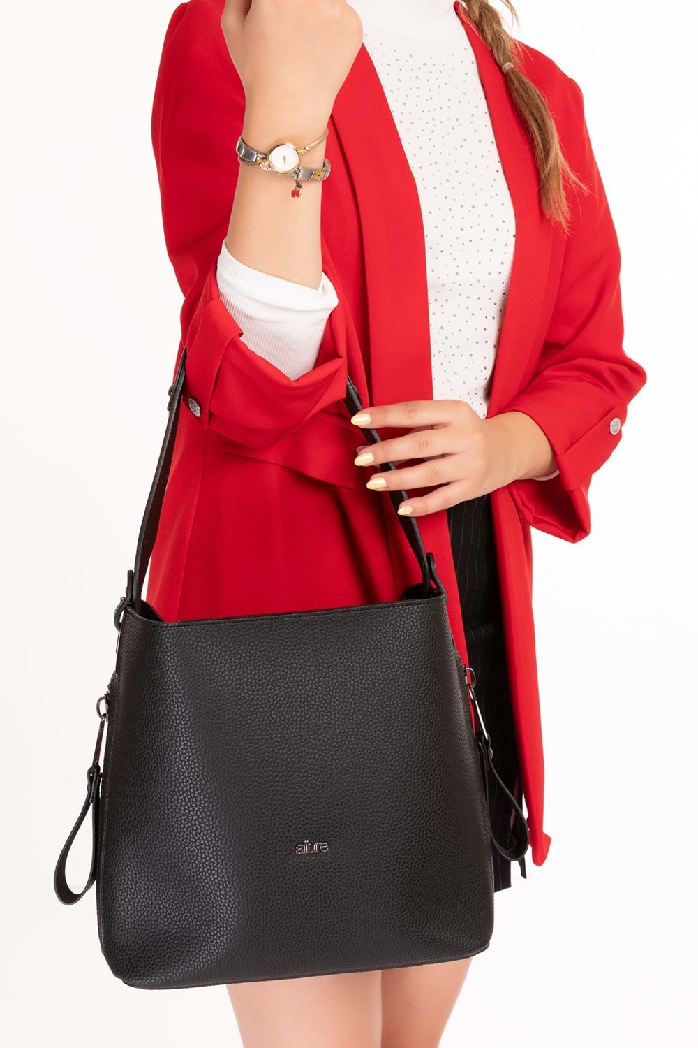 Gondol Kadın Çift Bölmeli El ve Omuz Çantası ald.6752 - Siyah - TEK EBAT