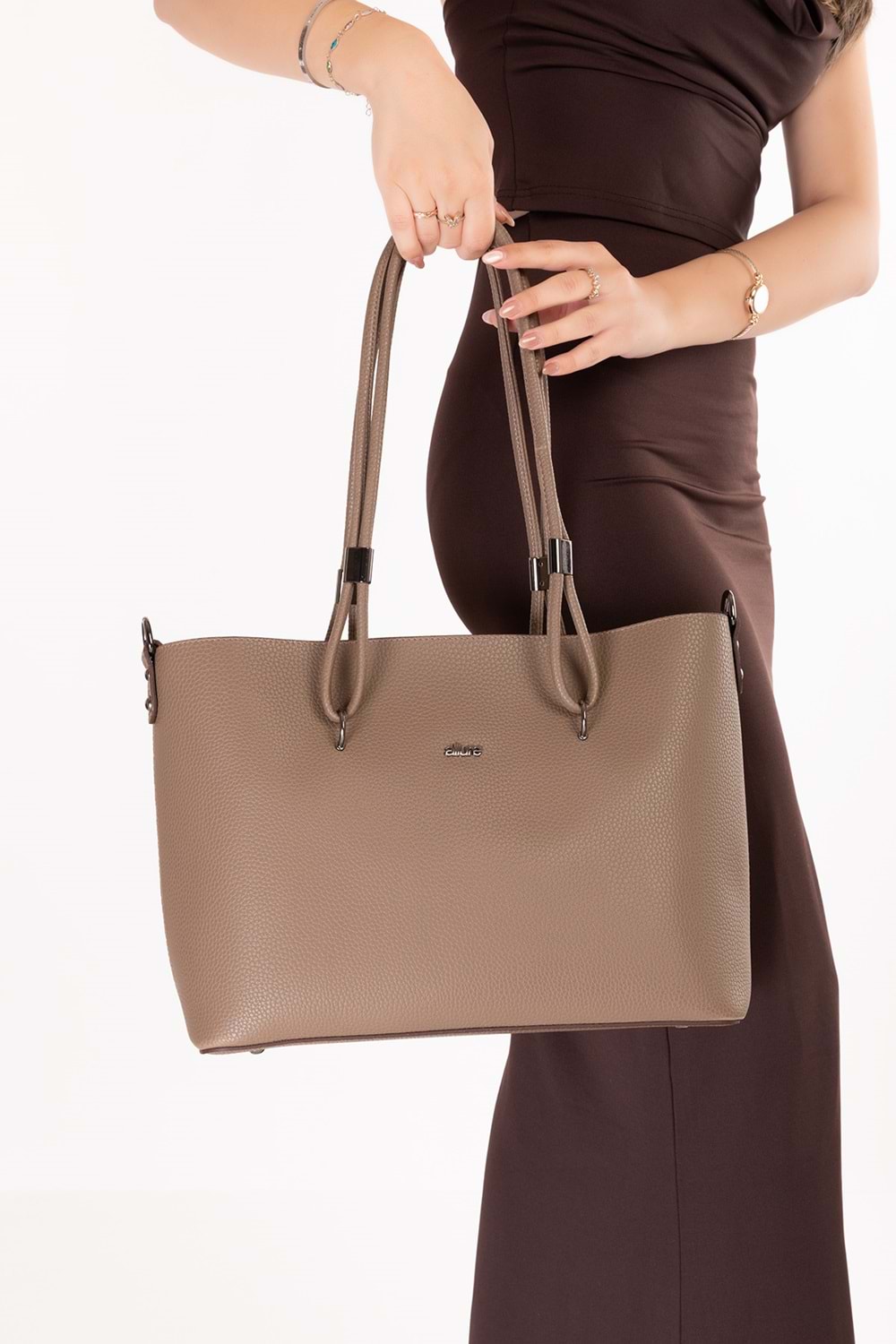 Gondol Kadın Çift Bölmeli El ve Omuz Çantası ald.6753 - Vizon - TEK EBAT