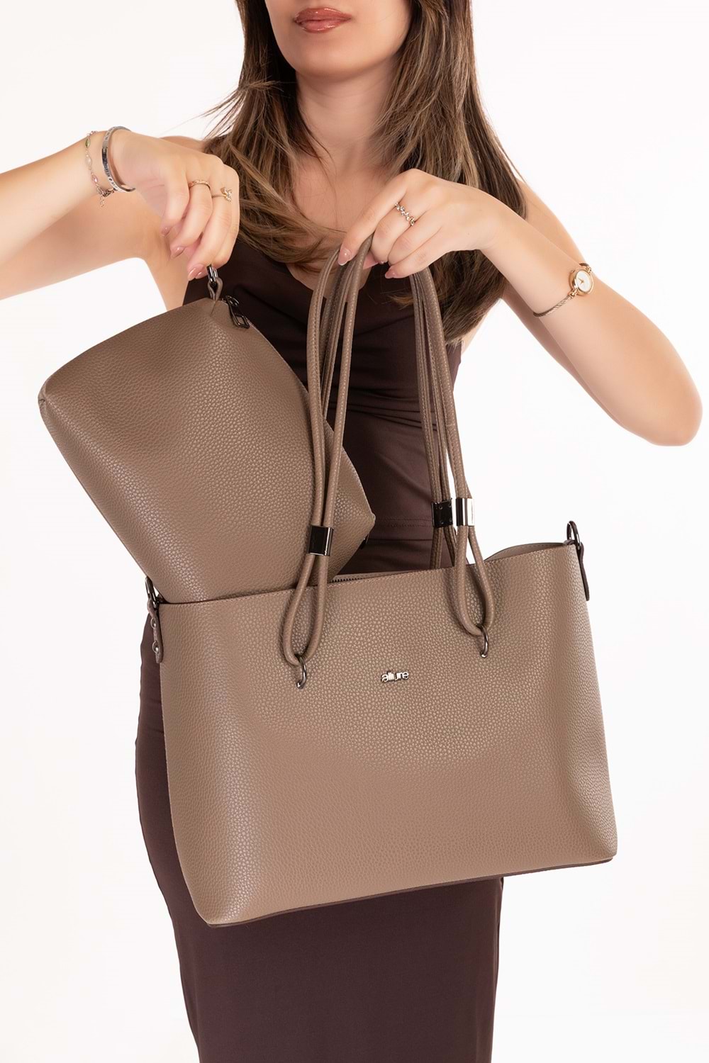 Gondol Kadın Çift Bölmeli El ve Omuz Çantası ald.6753 - Vizon - TEK EBAT