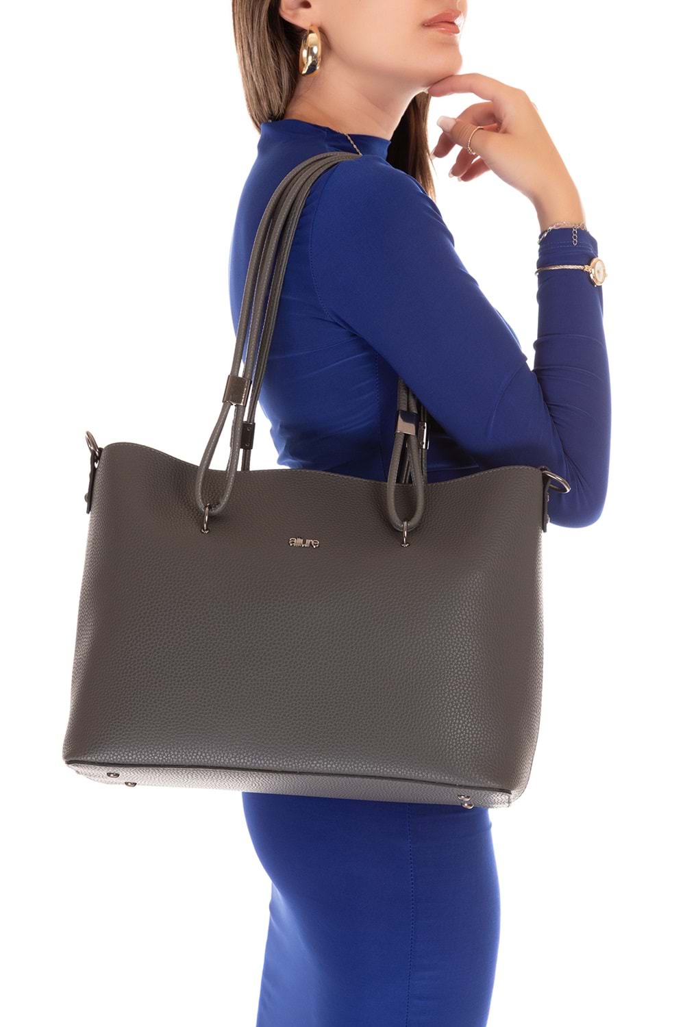 Gondol Kadın Çift Bölmeli El ve Omuz Çantası ald.6753 - Gri - TEK EBAT