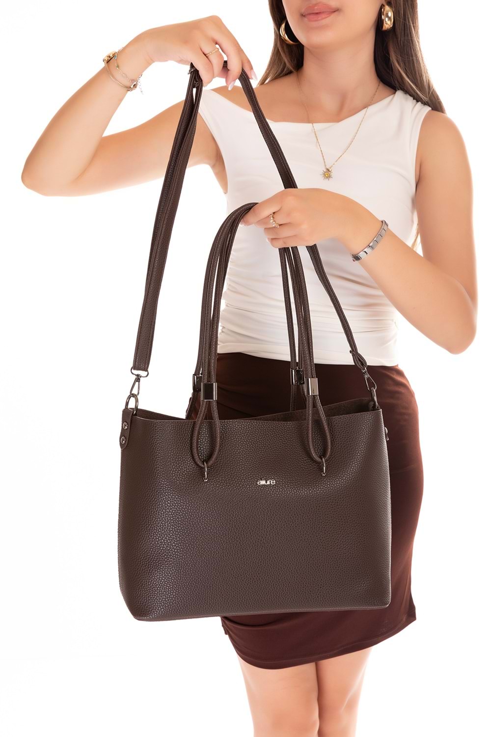 Gondol Kadın Çift Bölmeli El ve Omuz Çantası ald.6753 - Kahverengi - TEK EBAT