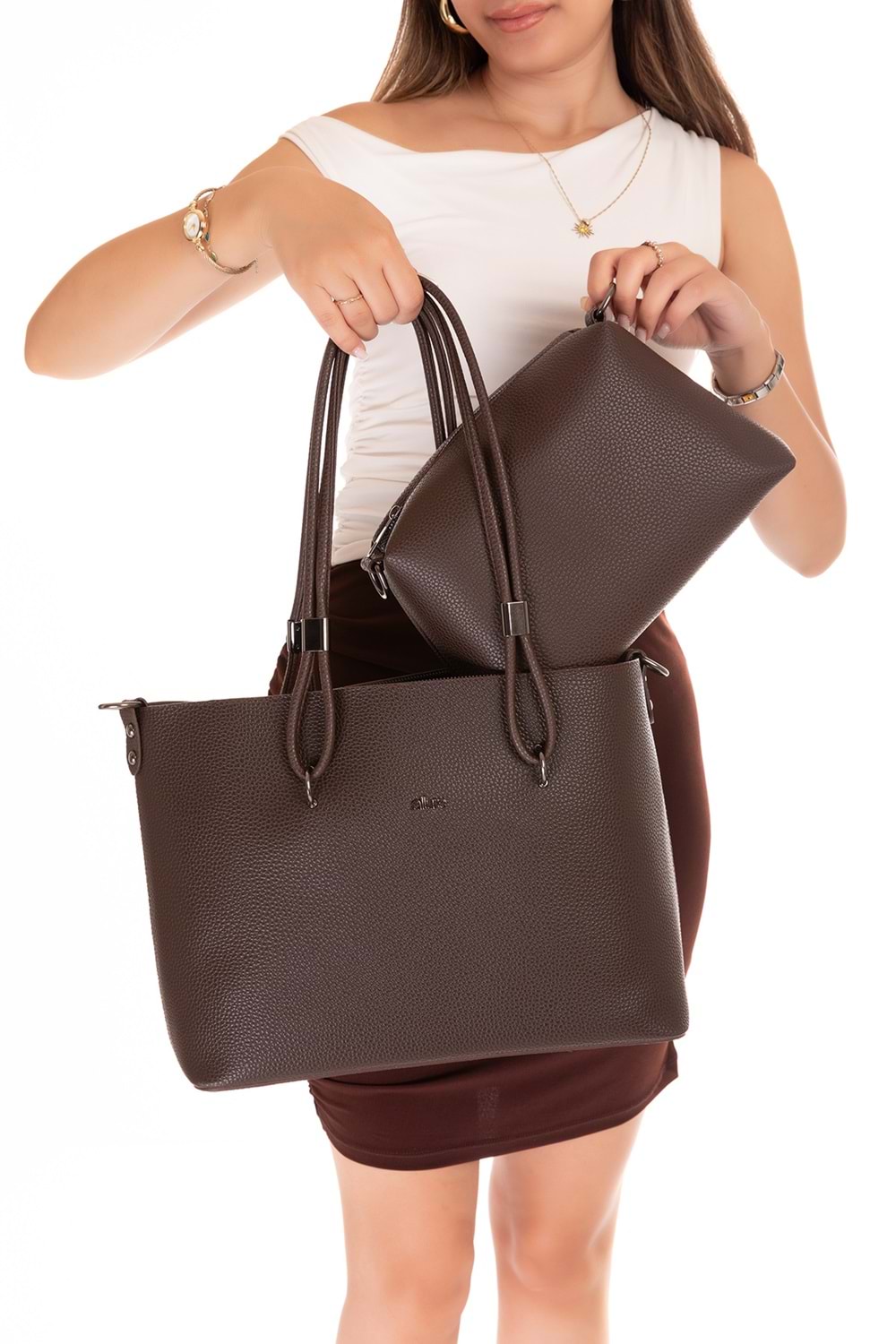 Gondol Kadın Çift Bölmeli El ve Omuz Çantası ald.6753 - Kahverengi - TEK EBAT