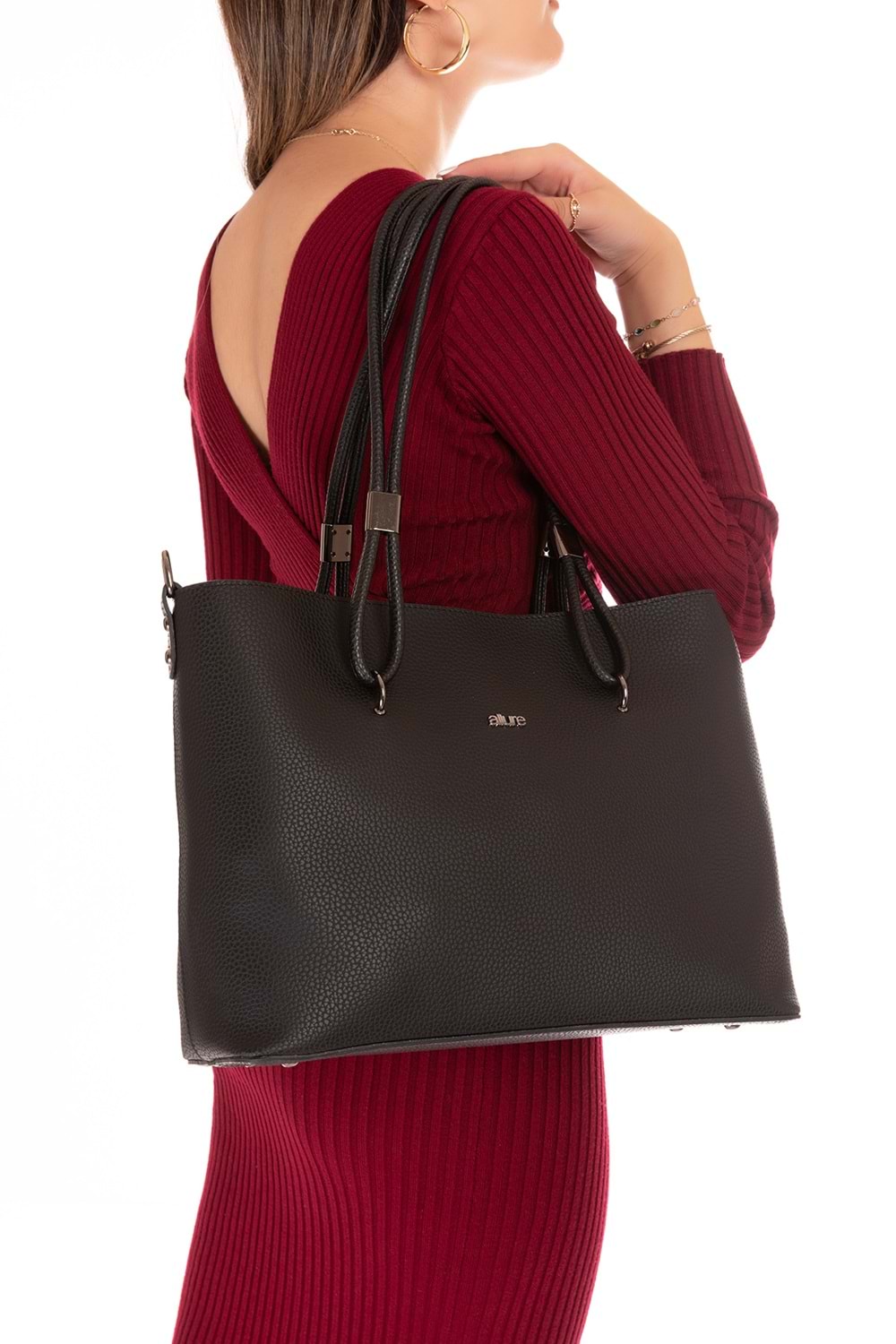 Gondol Kadın Çift Bölmeli El ve Omuz Çantası ald.6753 - Siyah - TEK EBAT