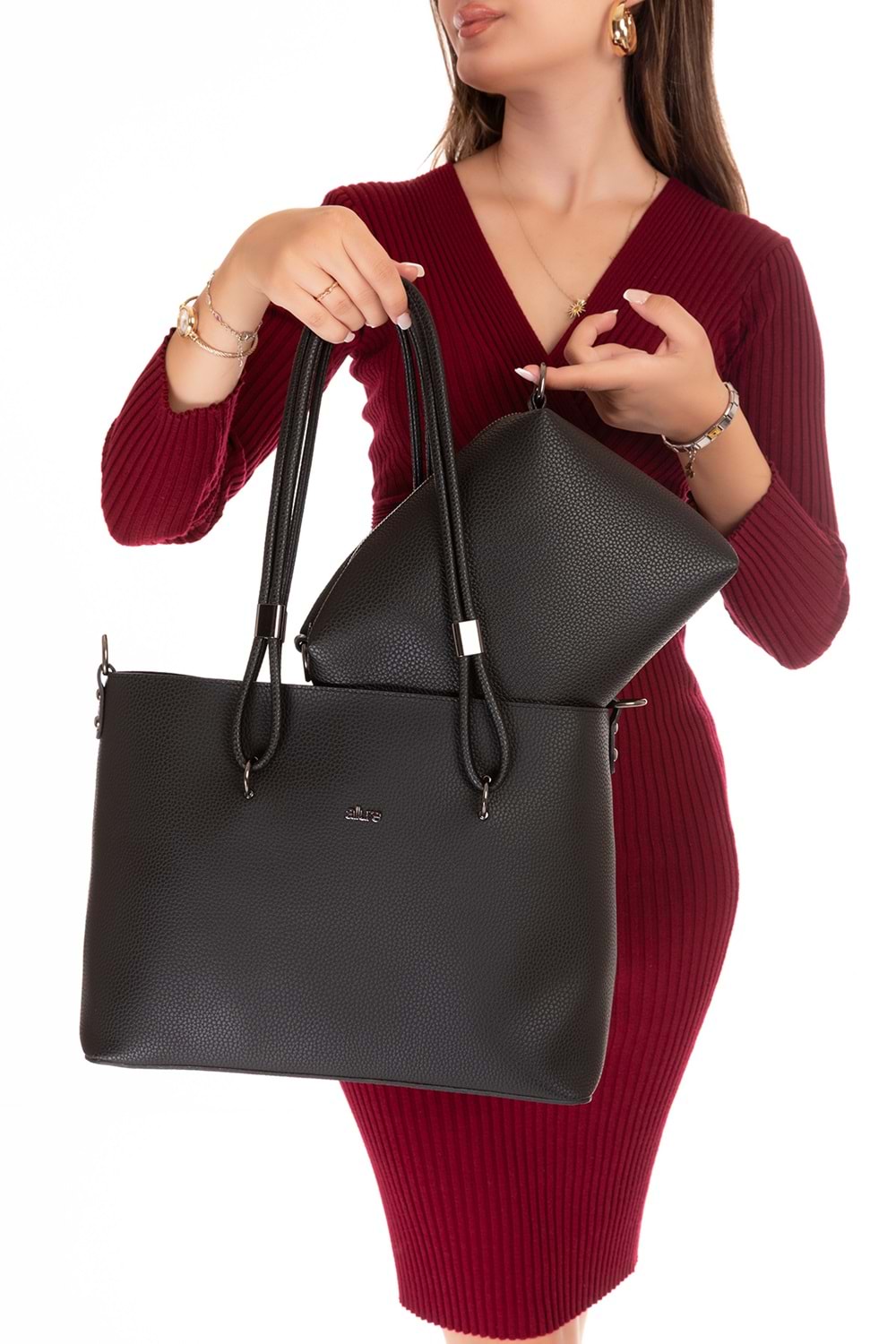 Gondol Kadın Çift Bölmeli El ve Omuz Çantası ald.6753 - Siyah - TEK EBAT