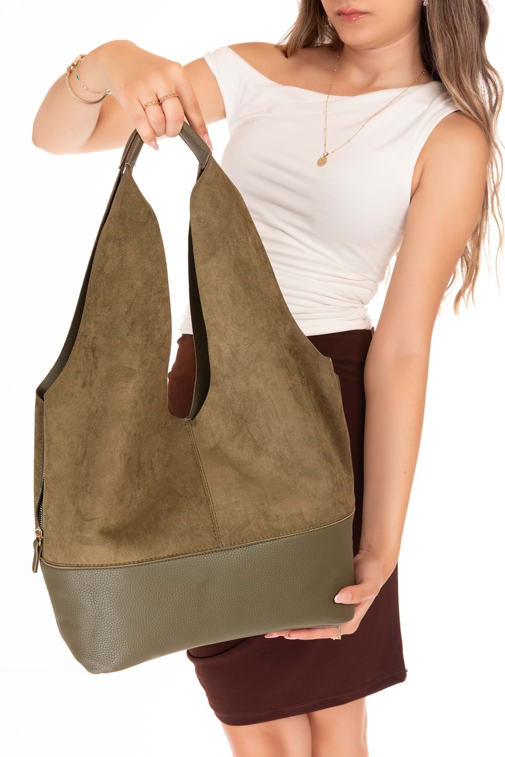 Gondol Kadın Süet Detaylı Omuz Çanta ars.1966 - Haki Süet - TEK EBAT