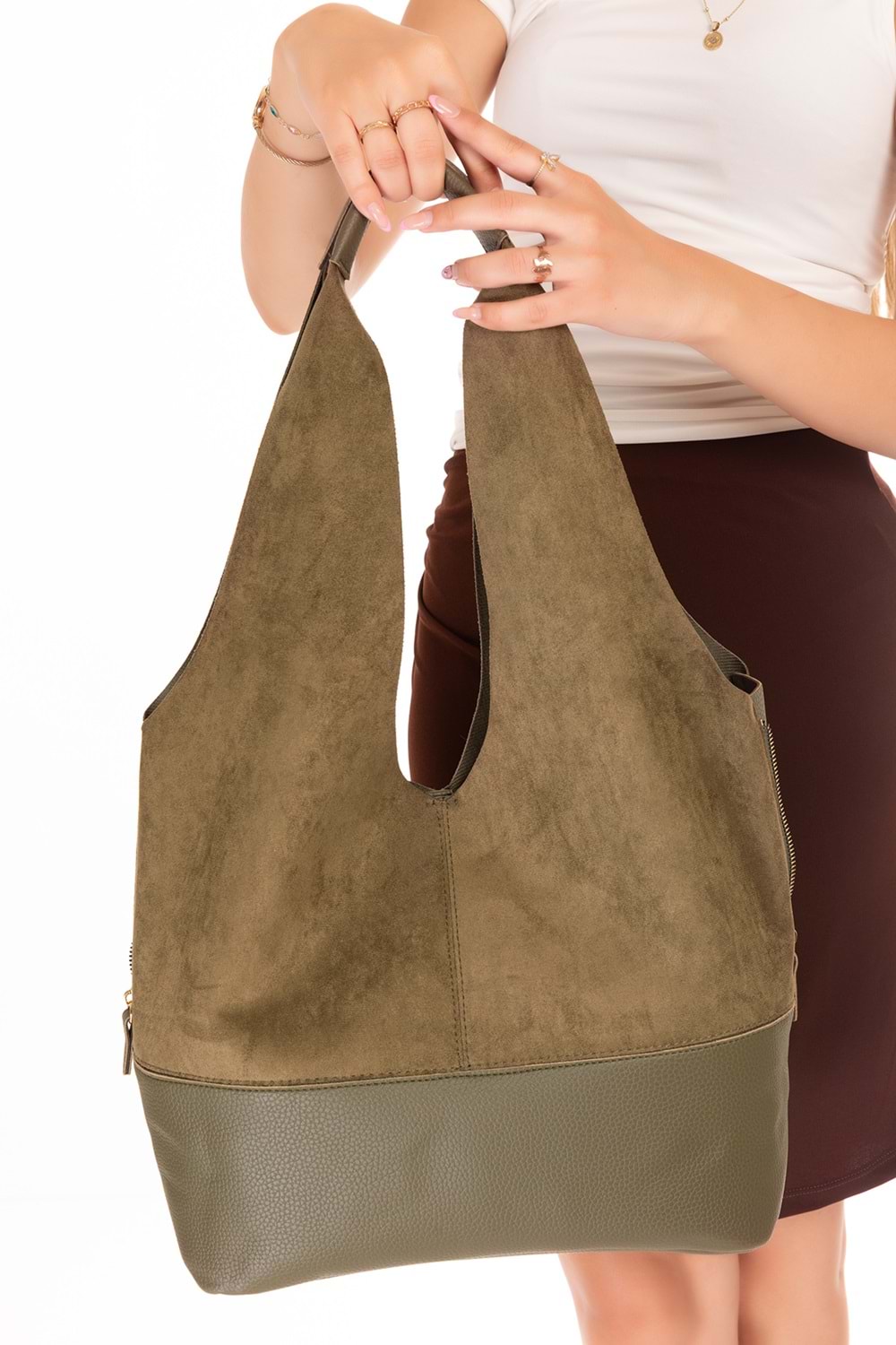 Gondol Kadın Süet Detaylı Omuz Çanta ars.1966 - Haki Süet - TEK EBAT