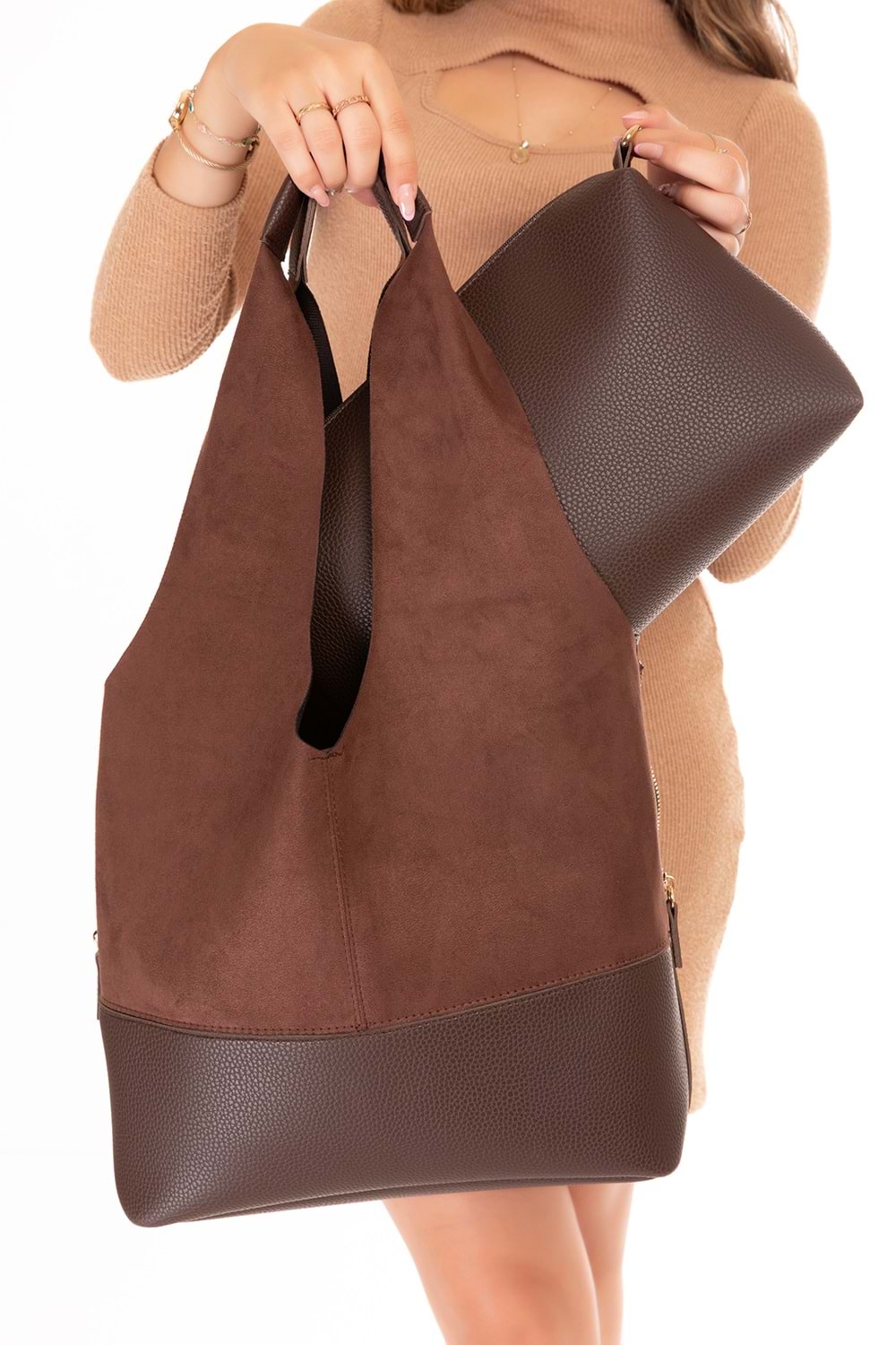 Gondol Kadın Süet Detaylı Omuz Çanta ars.1966 - Kahve Süet - TEK EBAT