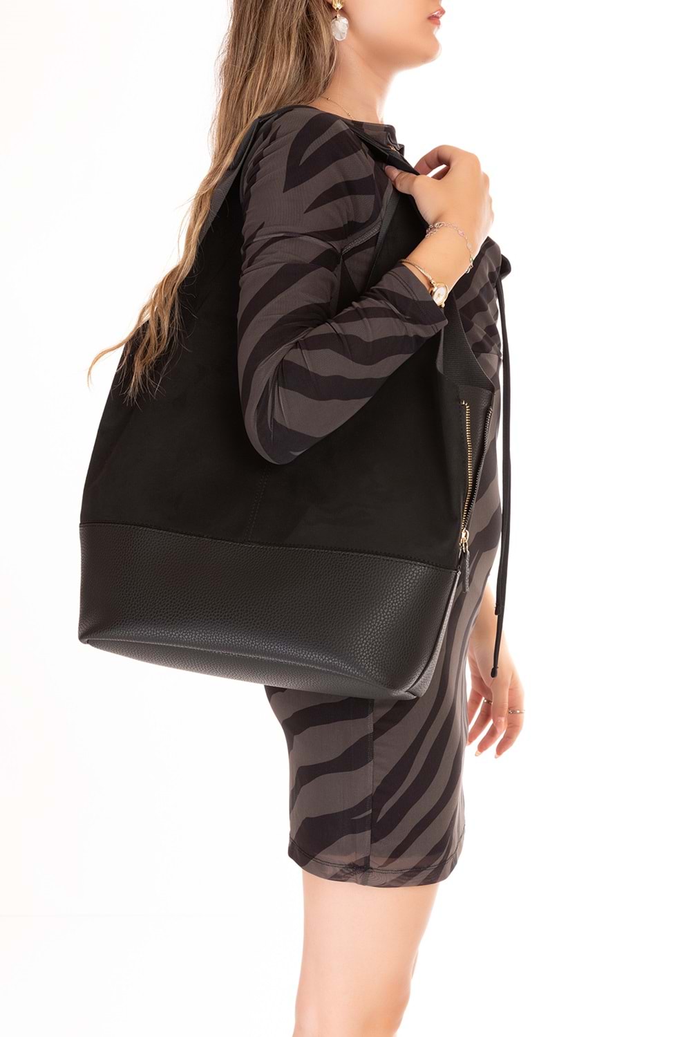 Gondol Kadın Süet Detaylı Omuz Çanta ars.1966 - Siyah Süet - TEK EBAT