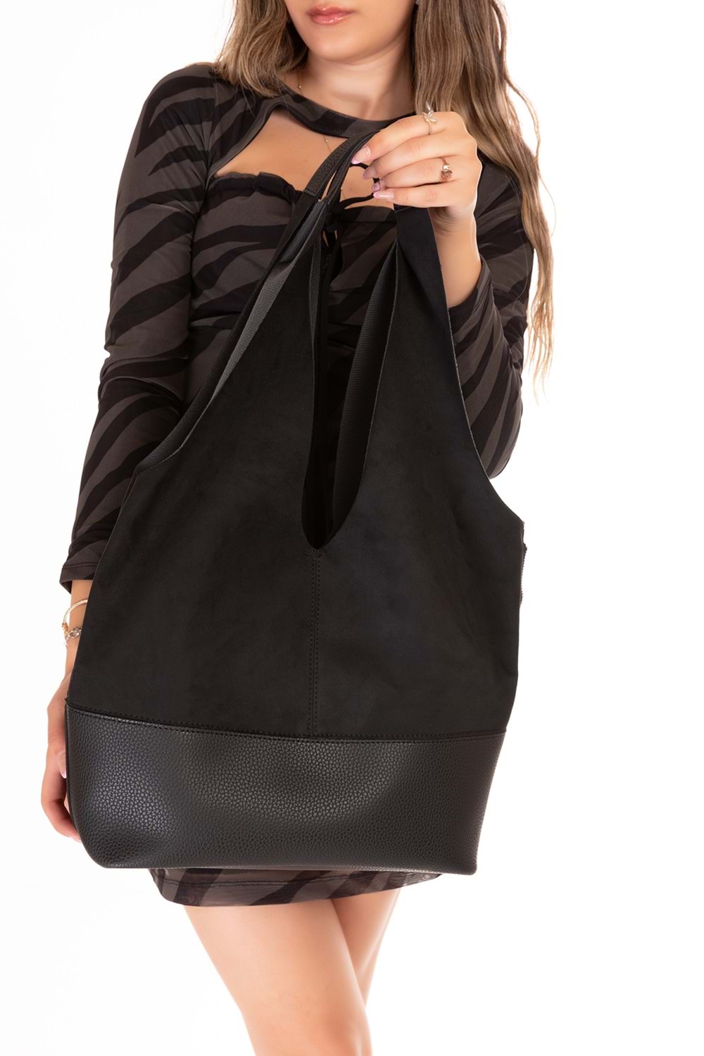 Gondol Kadın Süet Detaylı Omuz Çanta ars.1966 - Siyah Süet - TEK EBAT