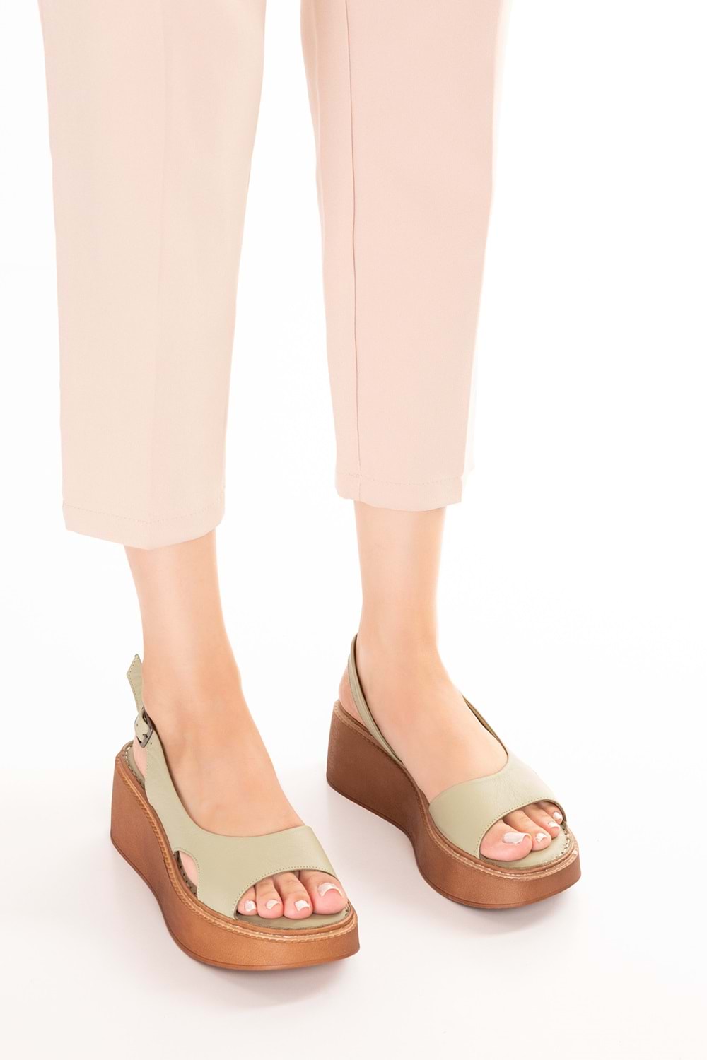 Gondol Hakiki Deri Platform Tabanlı Sandalet asy.991 - Su Yeşili - 37