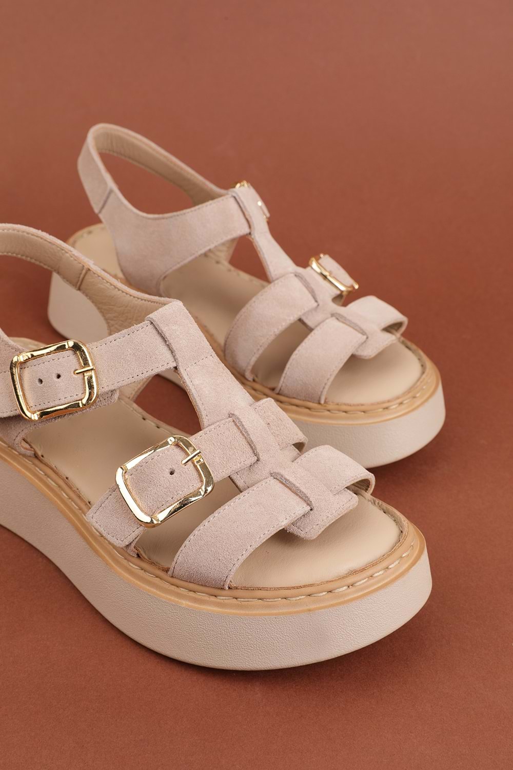 Gondol Hakiki Deri Rahat Günlük Sandalet asy.1169 - Bej Süet - 37