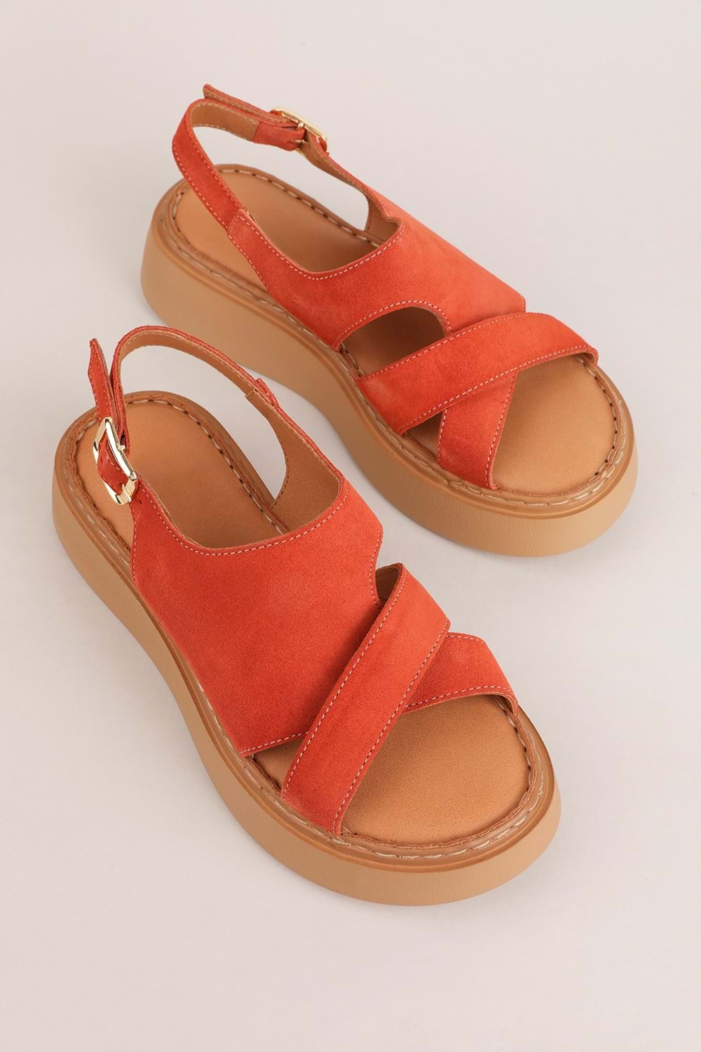 Gondol Hakiki Deri Rahat Günlük Sandalet asy.1214 - Kırmızı Süet - 38