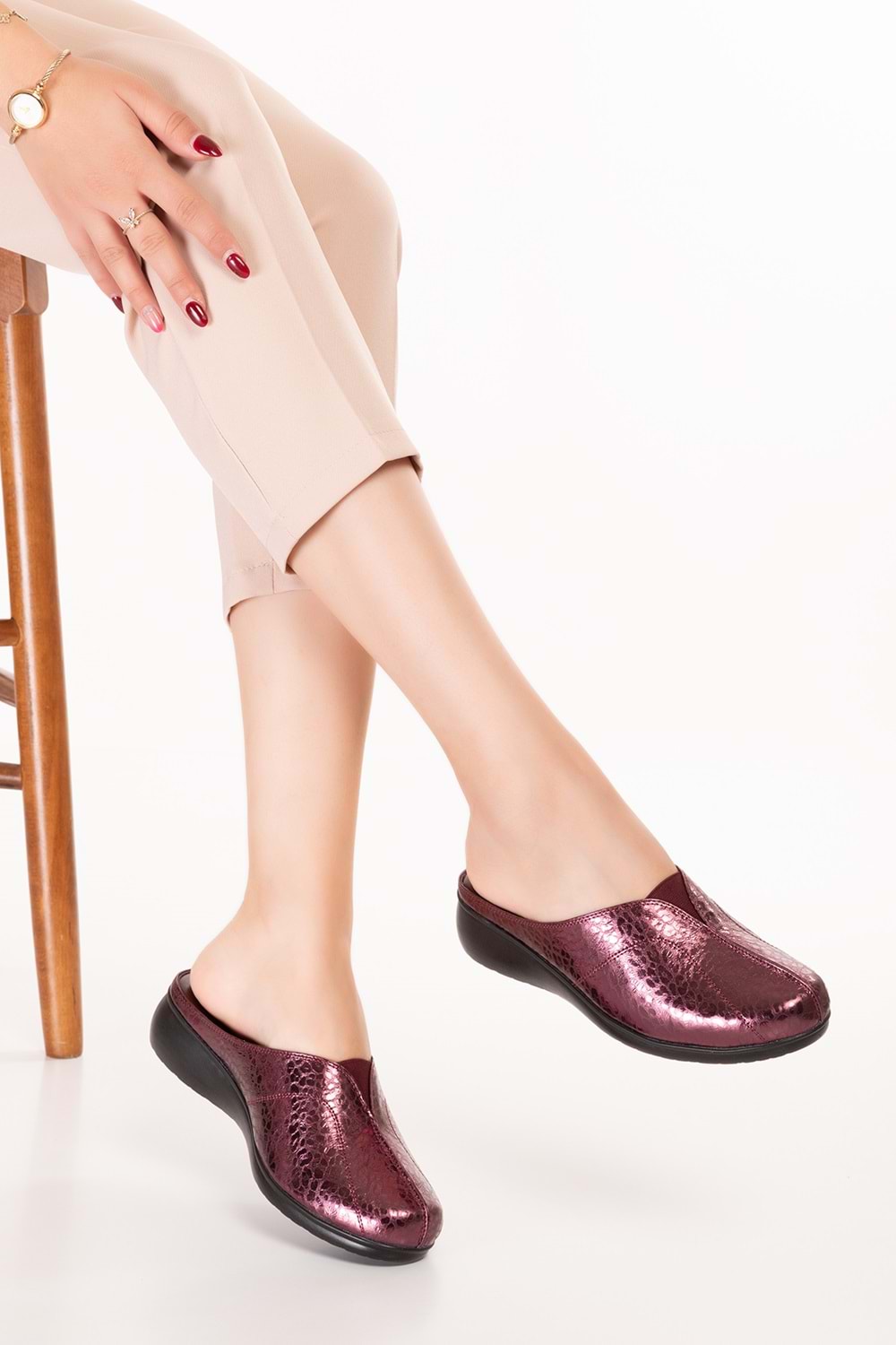 Gondol Kadın Hakiki Deri Rahat Dolgu Topuklu Sabo Ev Terlik özl.323 - Bordo - 36