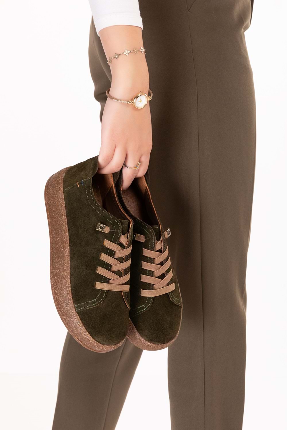 Gondol Hakiki Deri Günlük Rahat Lastik Bağcıklı Casual Ayakkabı in.525 - Haki Süet - 36