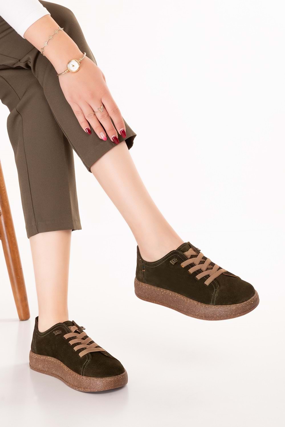 Gondol Hakiki Deri Günlük Rahat Lastik Bağcıklı Casual Ayakkabı in.525 - Haki Süet - 36