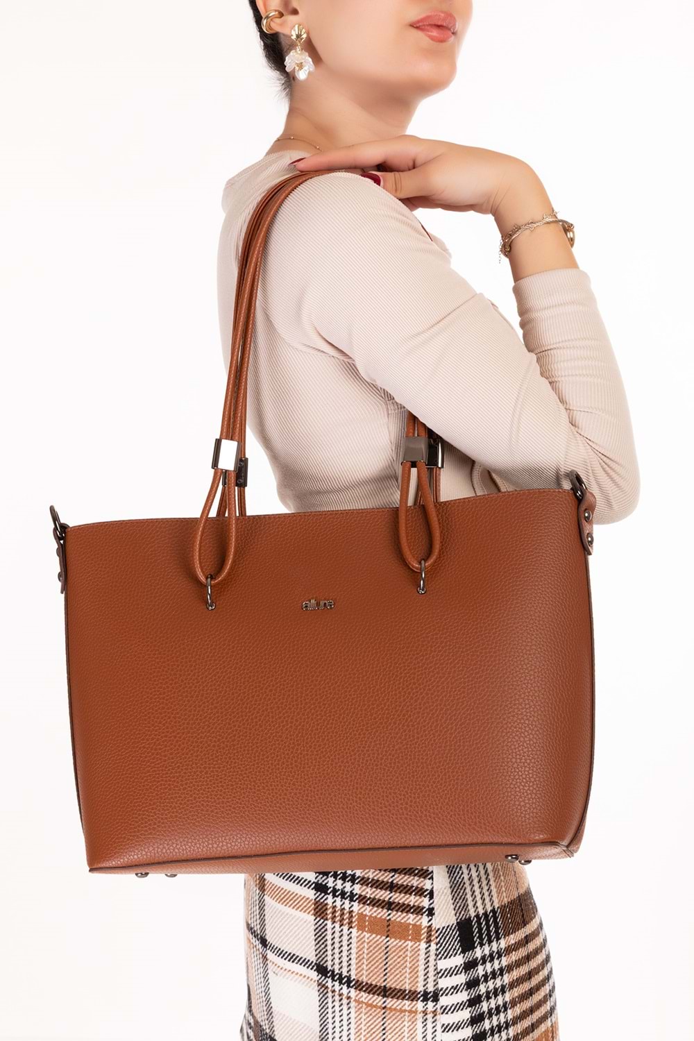 Gondol Kadın Çift Bölmeli El ve Omuz Çantası ald.6753 - Taba - TEK EBAT