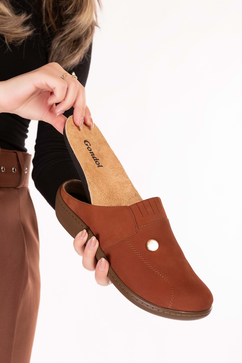 Gondol Kadın Hakiki Deri Özel Tabanı Çıkabilen Sabo Ev ve Dışarı Terlik yprk.281 - Taba Nubuk - 36