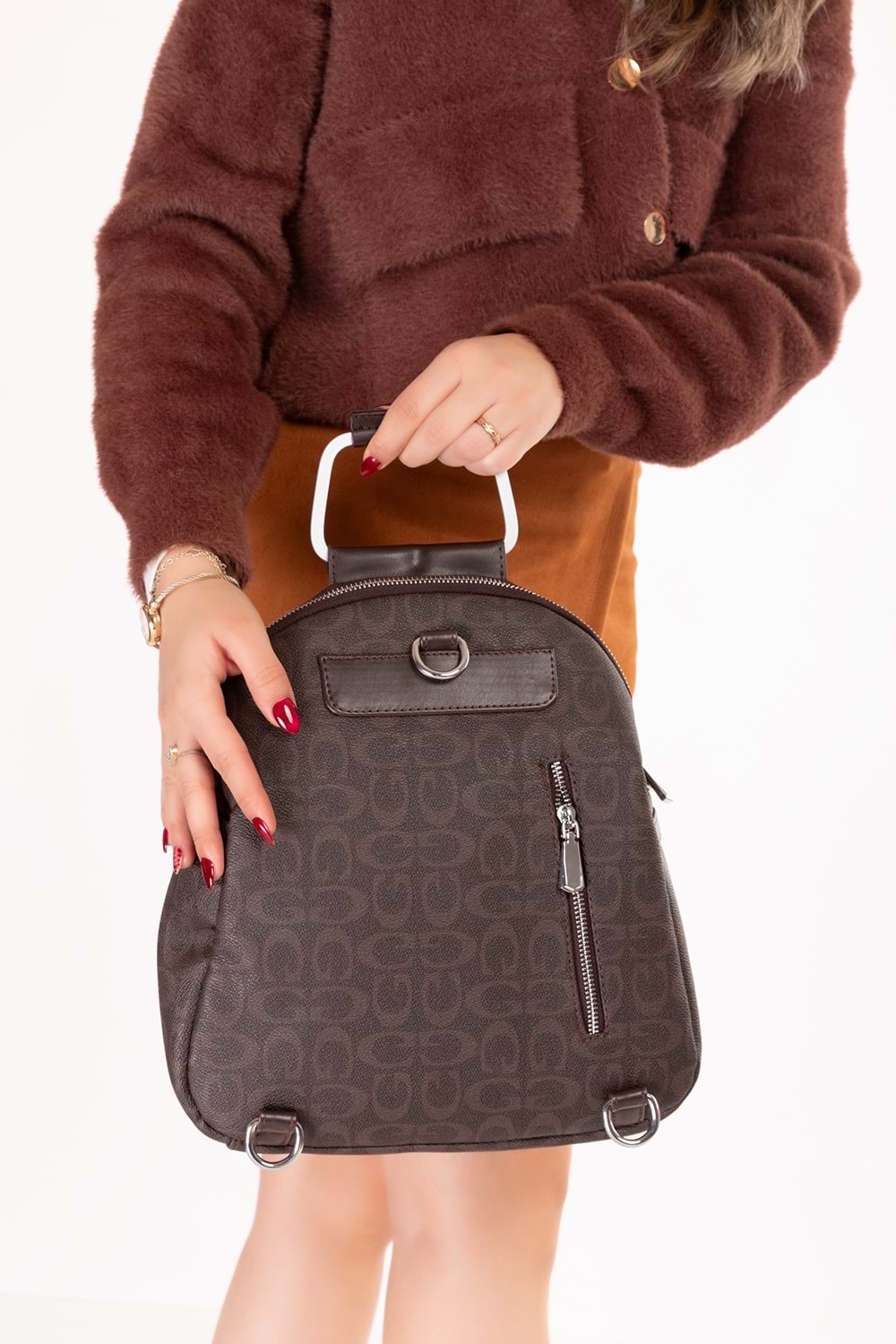 Gondol Kadın Metal Saplı Günlük Şık El ve Sırt Çantası gp.1110 - Kahverengi