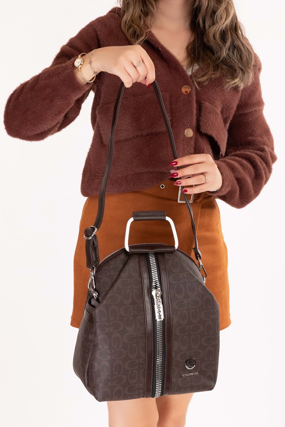 Gondol Kadın Metal Saplı Günlük Şık El ve Sırt Çantası gp.1110 - Kahverengi