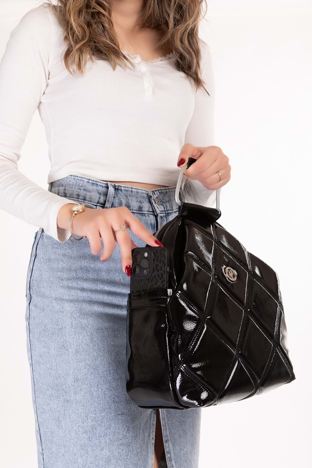 Gondol Kadın Metal Saplı Günlük Şık El ve Sırt Çantası gp.1110 - Siyah Kapitone