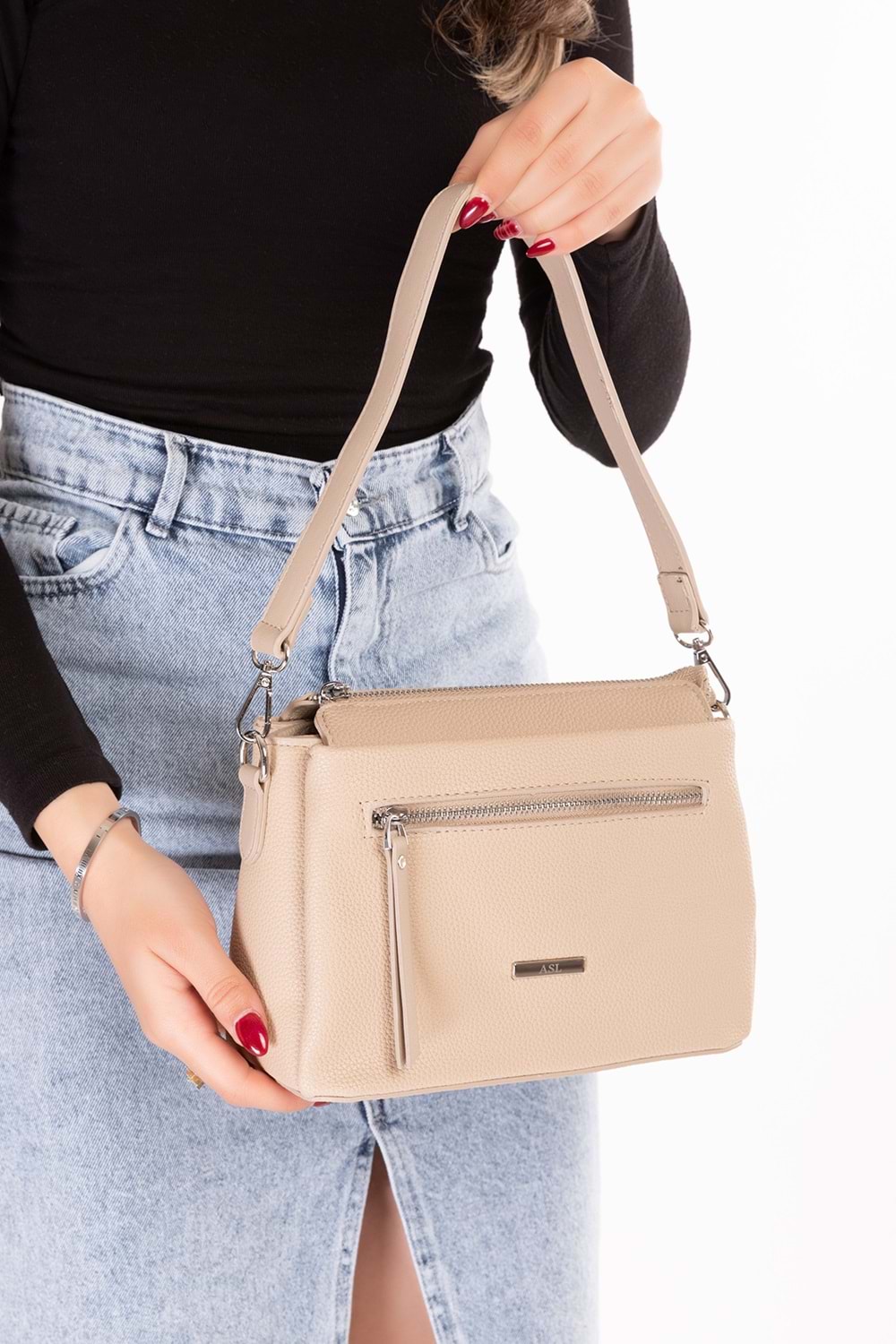 Gondol Kadın Çift Bölmeli El ve Omuz Çantası ald.80729 - Bej - TEK EBAT