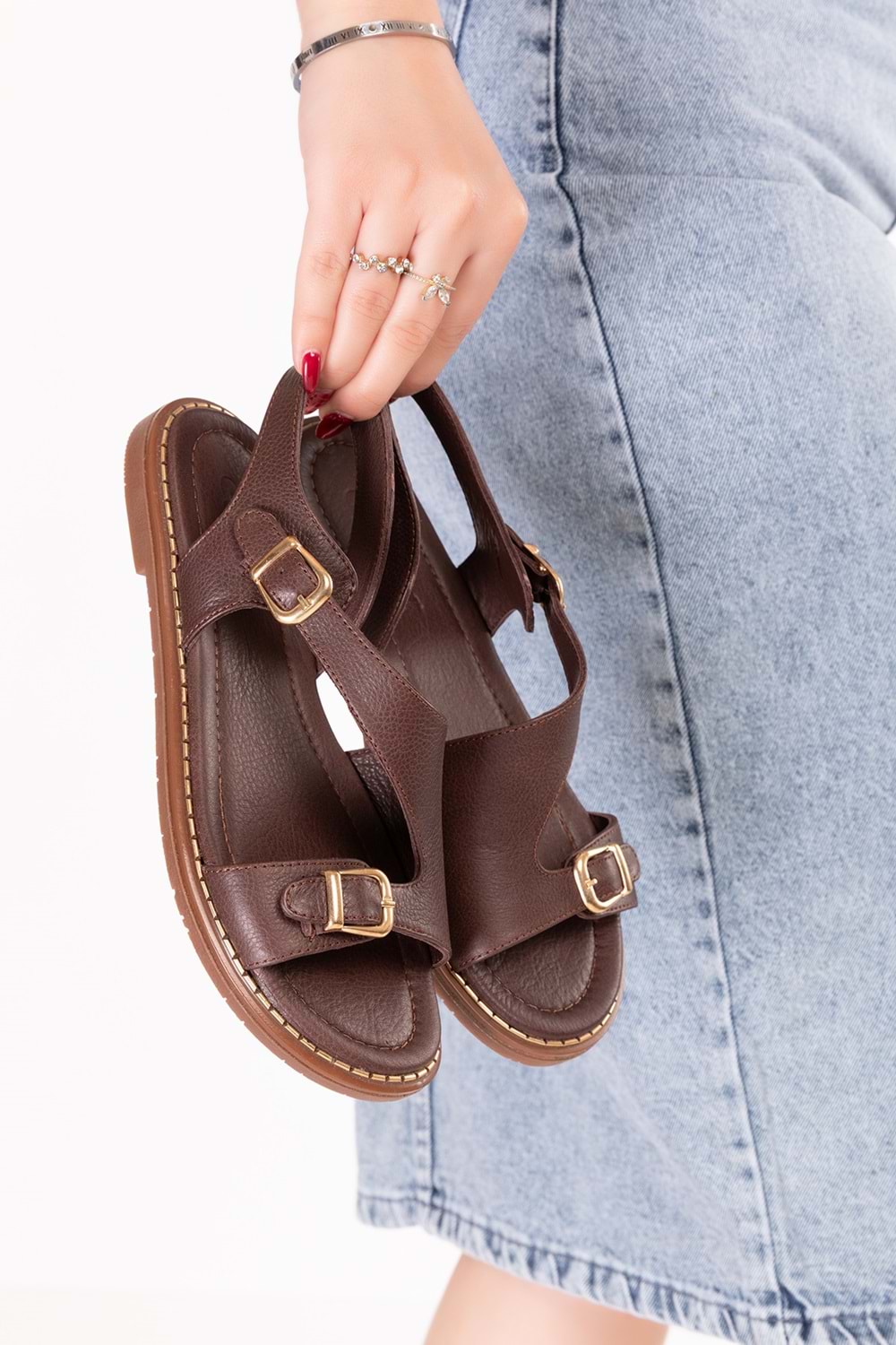 Gondol Hakiki Deri Topuklu Klasik Günlük Sandalet ez.5407mt - Kahverengi - 36