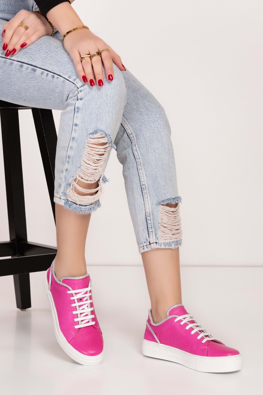 Gondol Hakiki Deri Taş Detay Anatomik Taban Spor Ayakkabı Als.1358 - Barbie - 35