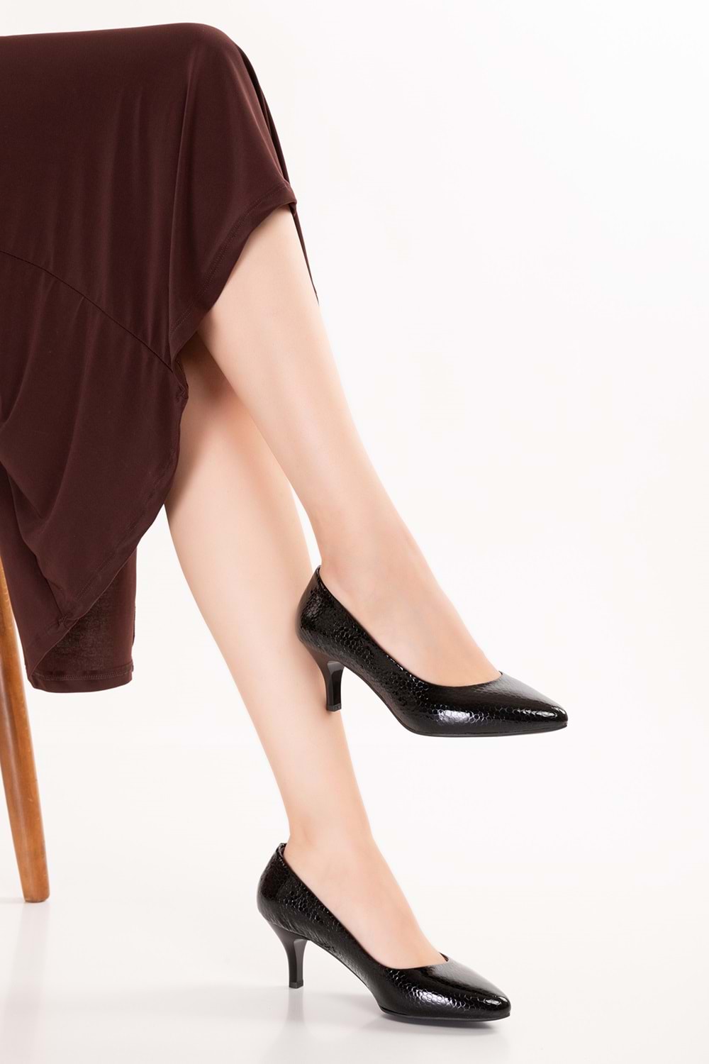 Gondol Hakiki Deri Orta Boy Topuk Stiletto-vdt.23 - Siyah Petek - 40