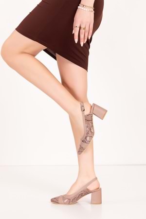 Gondol Hakiki Deri Yılan Desen Ayrıntılı Topuklu Ayakkabı şhn.0738 - Vizon - 37