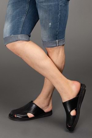 Gondol Hakiki Deri Önü Kapalı Yumusak Taban Terlik kml.103 - Siyah - 45