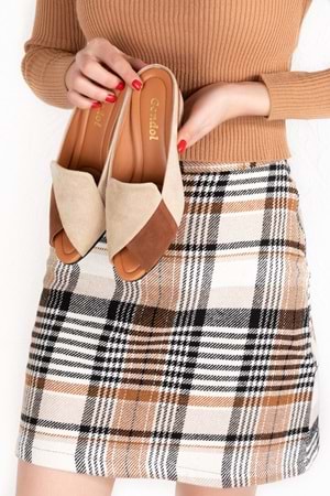 Gondol Hakiki Deri Kadın Kombin Şık Ev Terliği mik.900 - Taba-Krem - 39