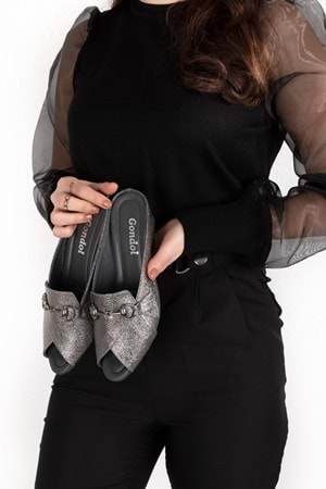 Gondol Hakiki Deri Tokalı Şık Ev Terliği Mik.901 - Platin - 39