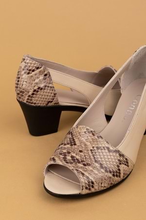 Gondol Hakiki Deri Yılan Desen Ayrıntılı Topuklu Ayakkabı vdt.261 - Vizon - 37