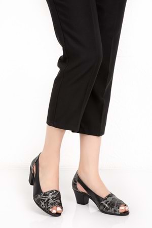 Gondol Hakiki Deri Yılan Desen Ayrıntılı Topuklu Ayakkabı vdt.261 - Siyah - 38