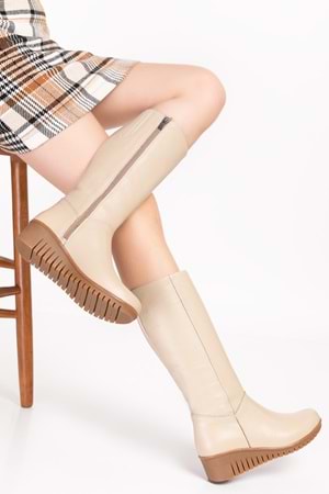 Gondol Hakiki Deri Sıcak İç Astar Dolgu Taban Çizme-gndl.2007 - Bej - 36