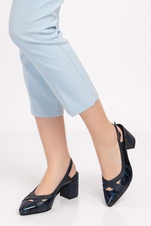 Gondol Hakiki Deri Yılan Desen Ayrıntılı Topuklu Ayakkabı şhn.0738 - Lacivert Yılan - 38