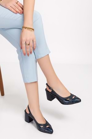 Gondol Hakiki Deri Yılan Desen Ayrıntılı Topuklu Ayakkabı şhn.0738 - Lacivert Yılan - 38