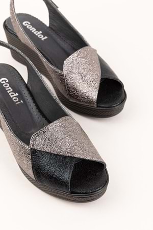 Gondol Kadın İçi Hakiki Deri Günlük Sandalet mik.2900 - Siyah-Platin - 36