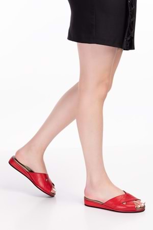 Gondol Kadın Hakiki Deri Şık Rahat Ev Terliği kayaş.191 - kırmızı - 34