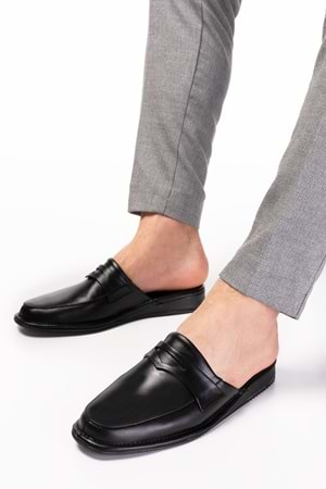 Gondol Erkek Hakiki Deri Damat Ev Terliği kayaş.9011 - Siyah - 40