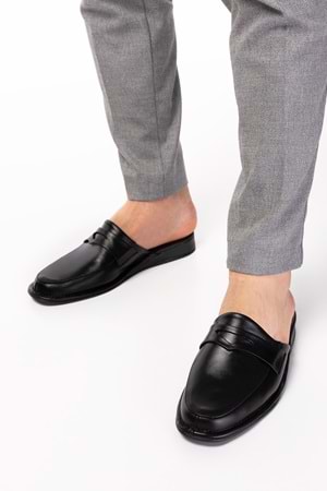 Gondol Erkek Hakiki Deri Damat Ev Terliği kayaş.9011 - Siyah - 40