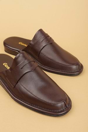 Gondol Erkek Hakiki Deri Damat Ev Terliği kayaş.9011 - Kahverengi - 41